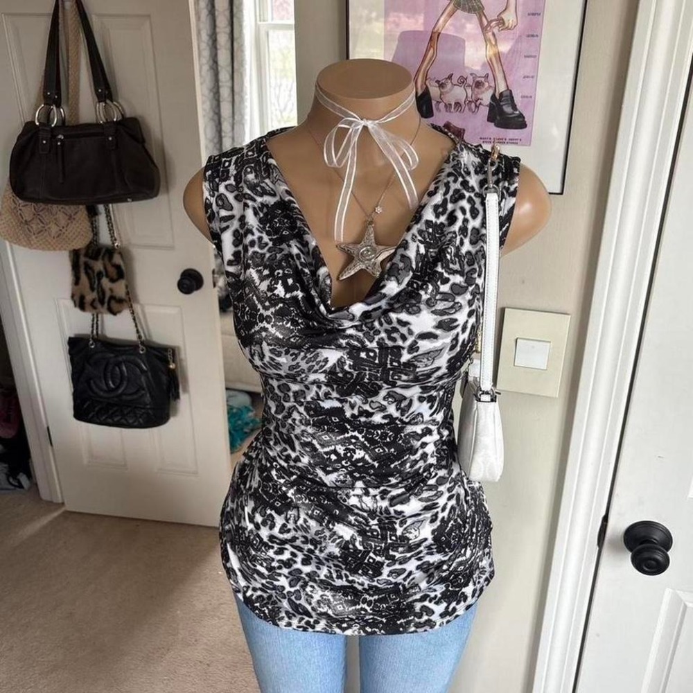 y2k 2000s leopard print cowl neck ruched tank top